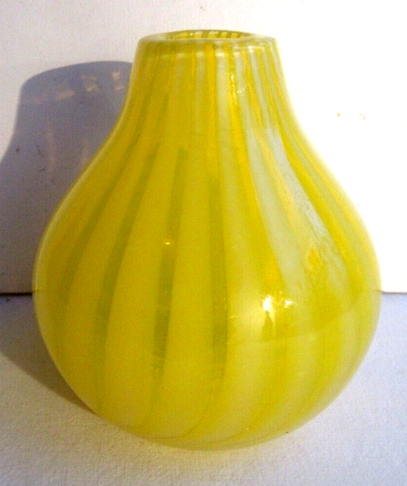 Art Deco glass vase, very small, ball shape with yellow and opalescent stripes