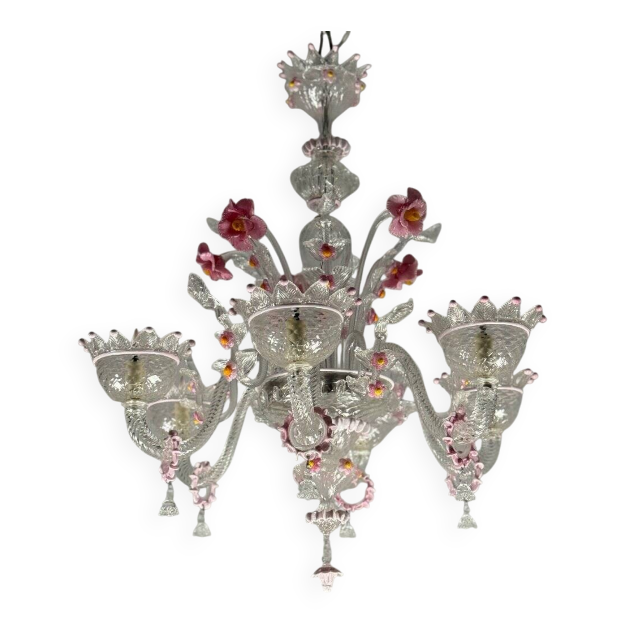 Venetian chandelier in colorless and pink Murano glass, 6 light arms circa 1940