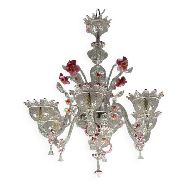 Lustre vénitien en verre de Murano incolore et rose, 6 bras de lumière vers 1940 — Beyit