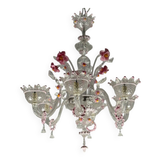 Lustre vénitien en verre de Murano incolore et rose, 6 bras de lumière vers 1940