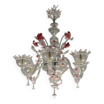 Lustre vénitien en verre de Murano incolore et rose, 6 bras de lumière vers 1940