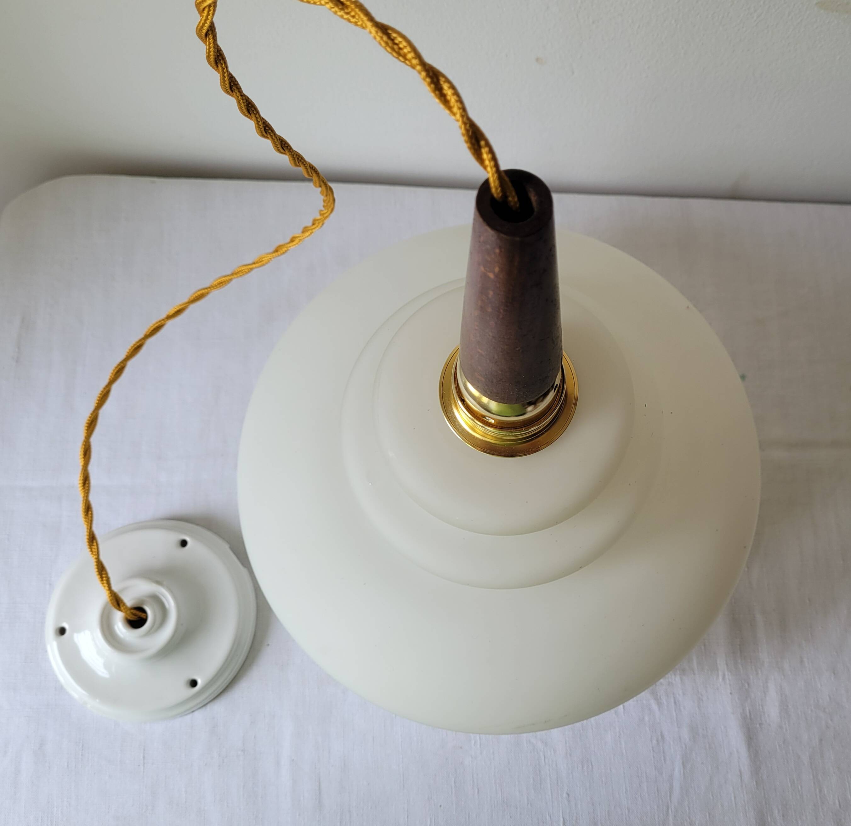 Opaline and teak pendant light