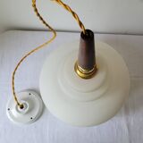 Opaline and teak pendant light