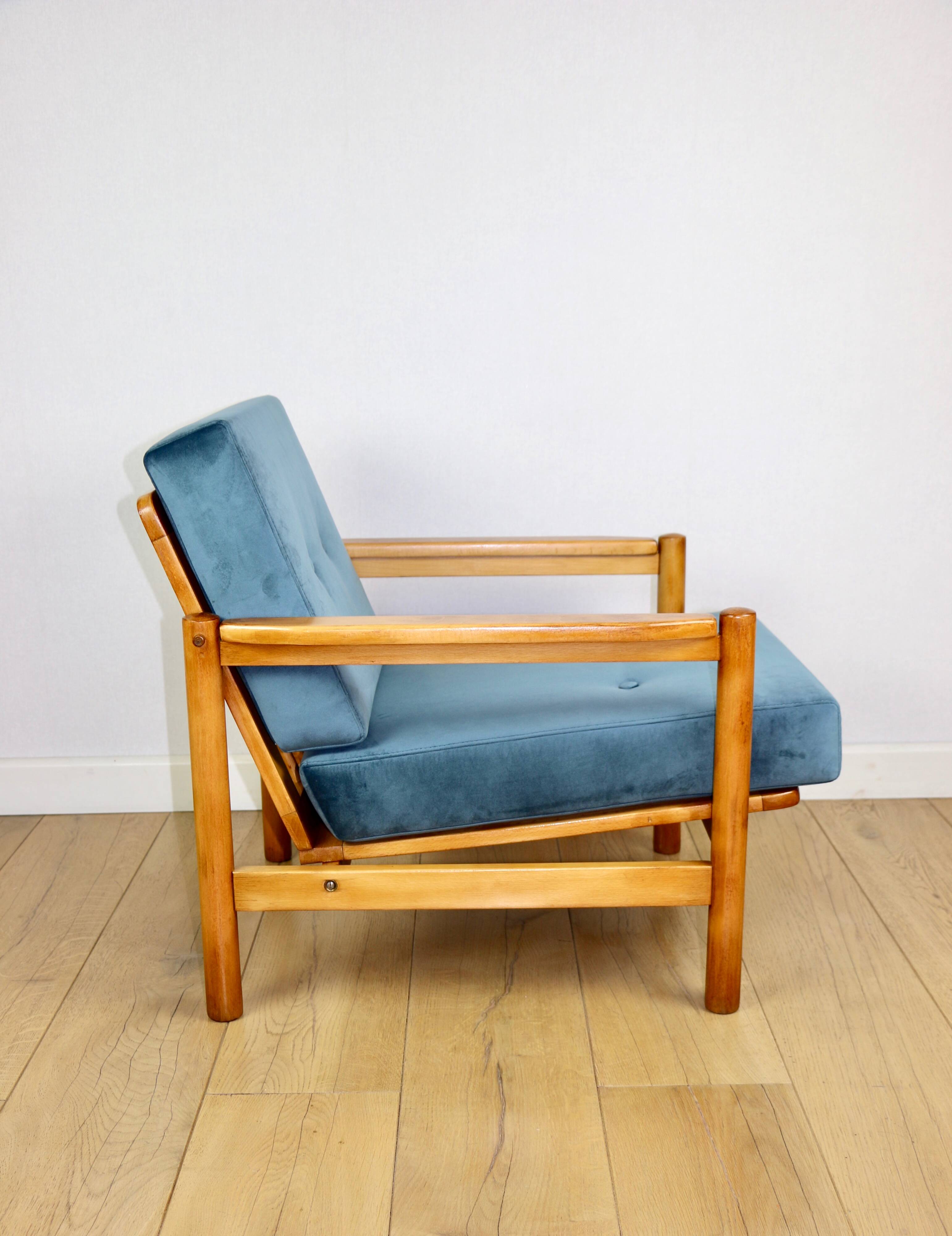 Wooden vintage armchair brown sea blue design by Z. Bączyk - light wood