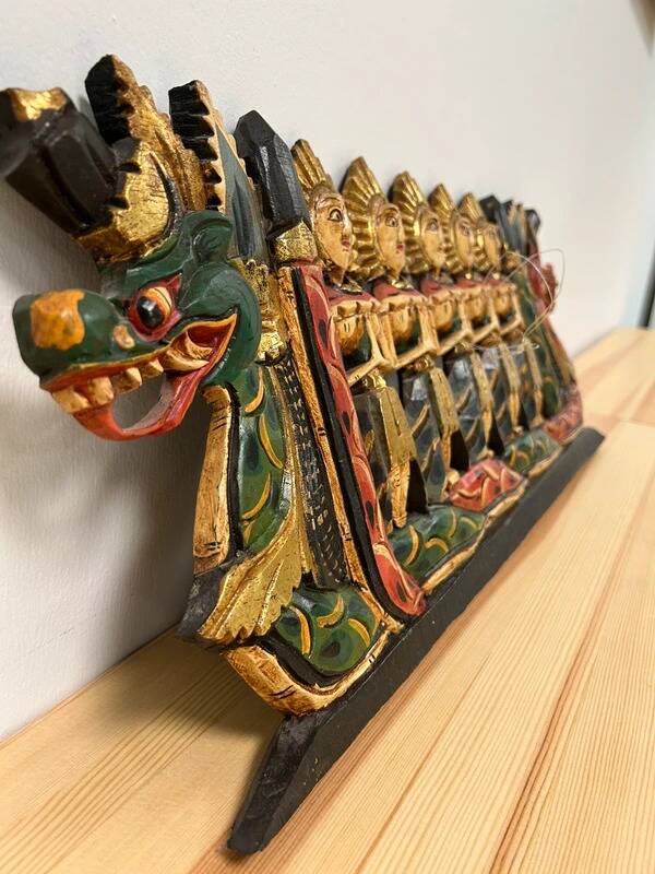 Balinese wall panel carved wood gilded polychrome dragon procession