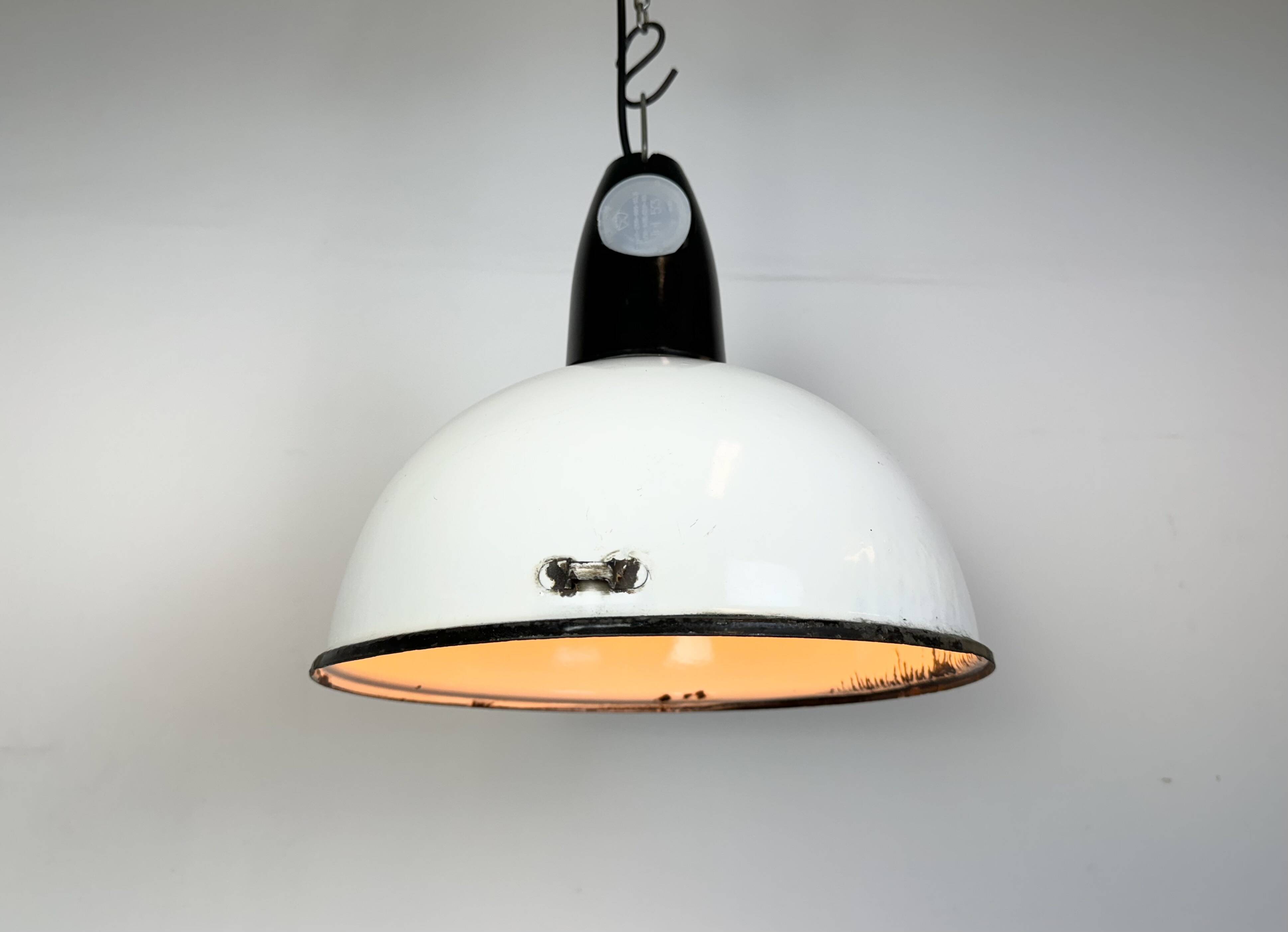 Industrial soviet white enamel pendant lamp, 1960s