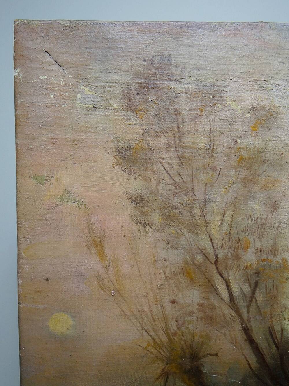 Large painting farm on pond old 19th century signature oil on linen canvas