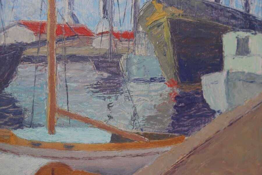Original Swedish oil on panel – “Moored Boats” by Olle Anderson – vintage & framed – 44 × 51 cm