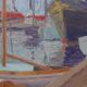 Huile sur panneau originale suédoise – « Bateaux à quai » par Olle Anderson – vintage et encadrée – 44 × 51 cm