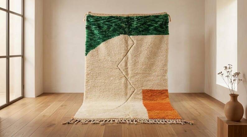 Handmade traditional Beni Ourain Berber rug with colourful patterns, 2/3 m.