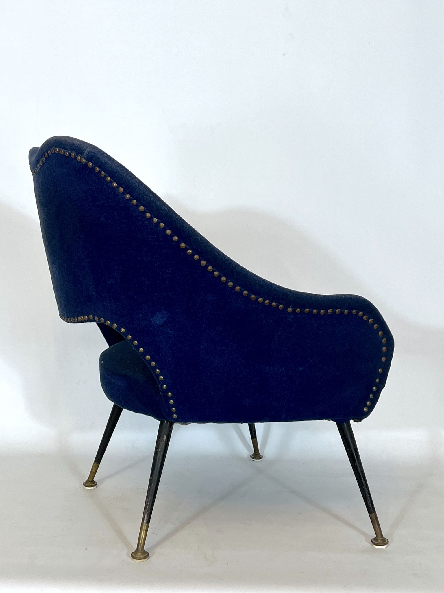 Vintage Italian blue fabric and brass armchair from 50s