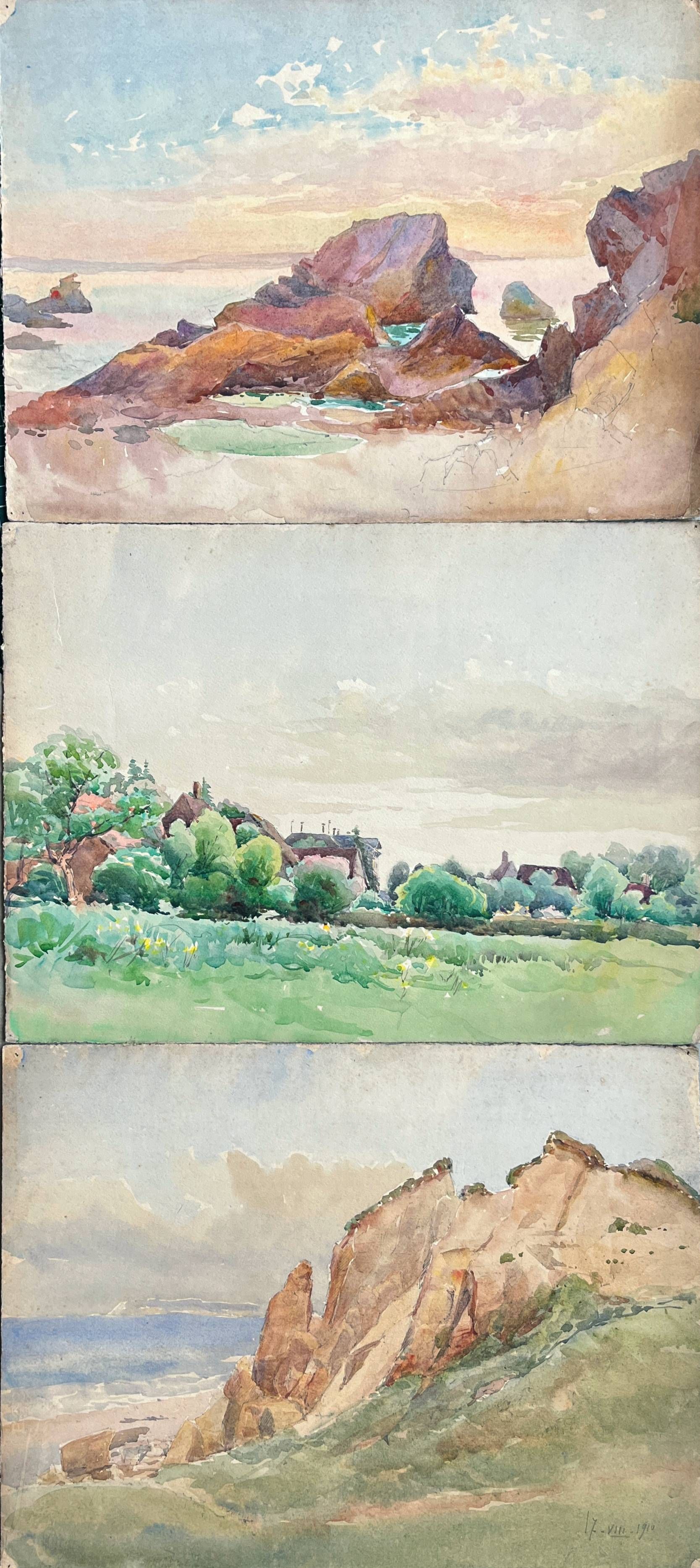 Painting Set of 3 watercolors Normandy Brittany Landscape Marine Ad. Cassagne