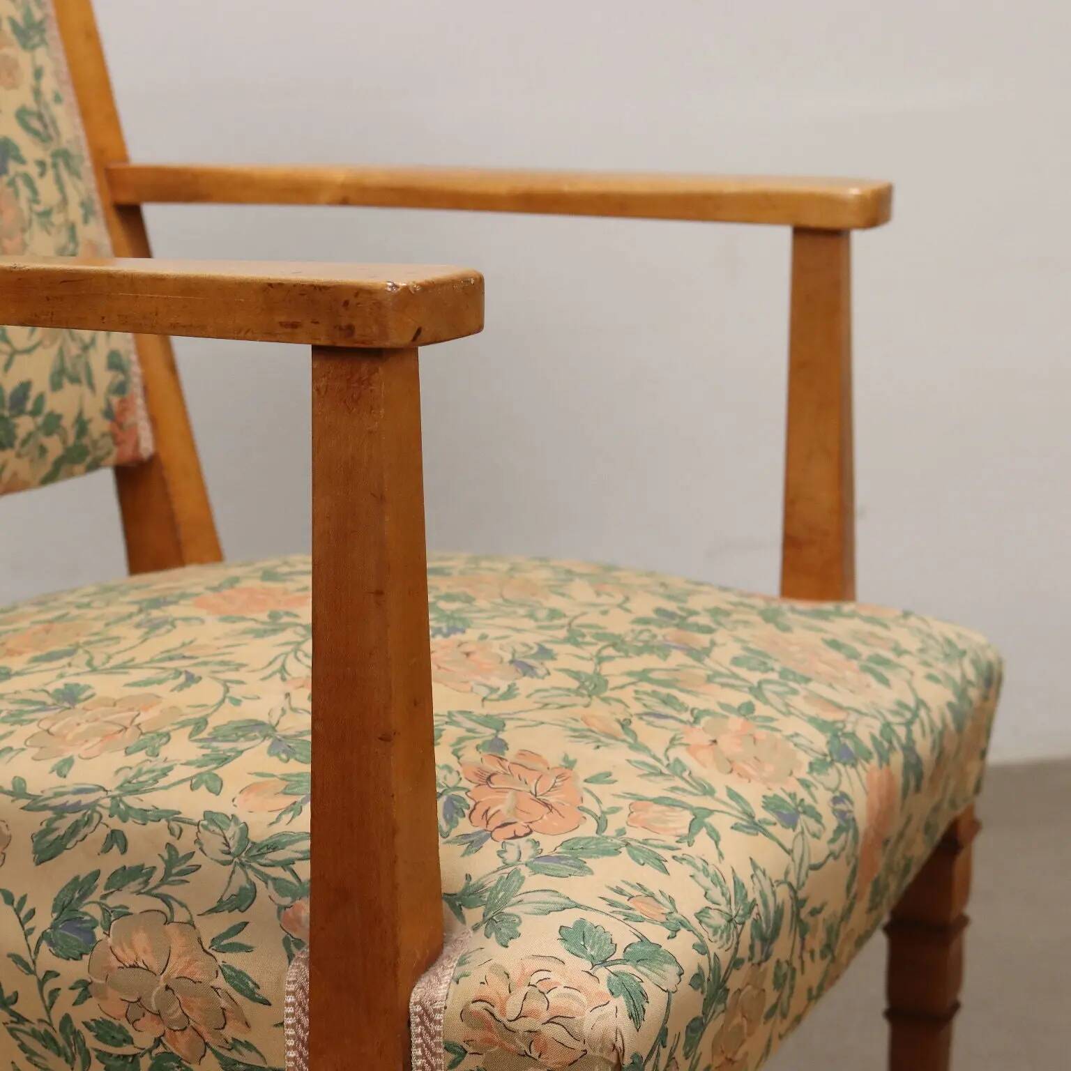 Pair of vintage armchairs from the 1950s in wood and fabric, Italy.
