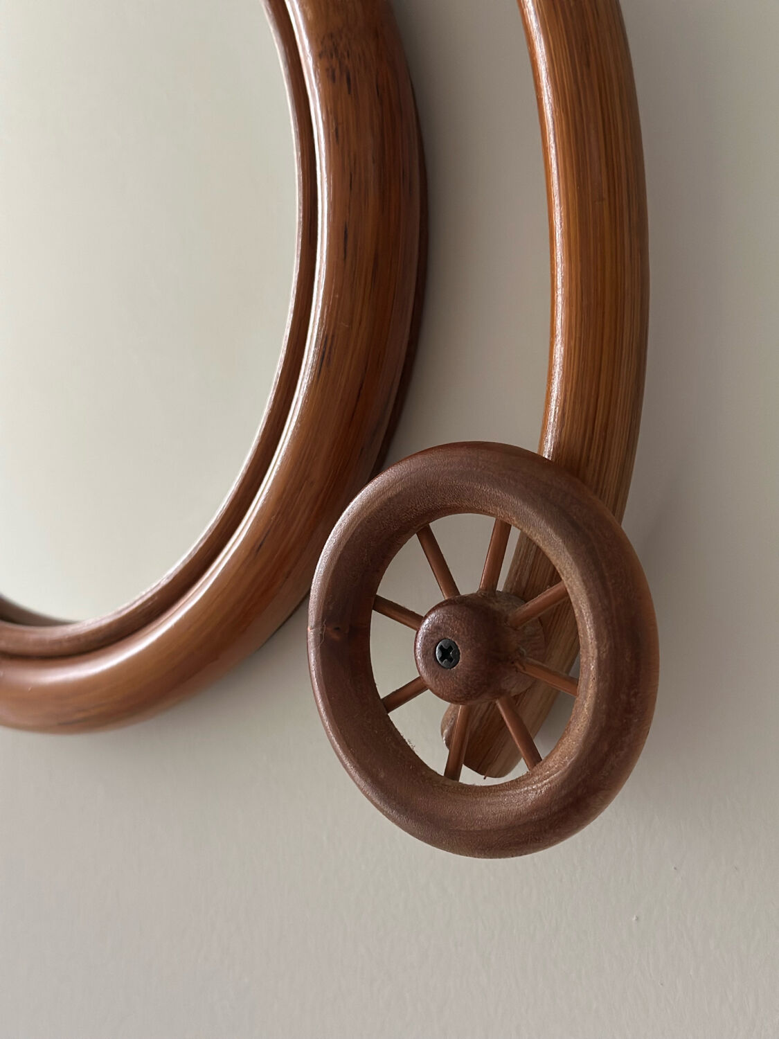 Rare wall mirror bicycle made of bamboo and rattan from the 1960s.