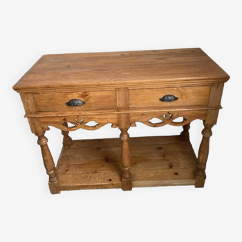Petite console table drapier pin ancienne sculptée tiroirs