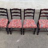 4 Henri II chairs in solid wood and floral burgundy fabric from the 19th century.