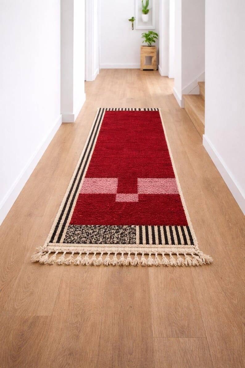 Handwoven natural wool hallway rug size 75*300 cm