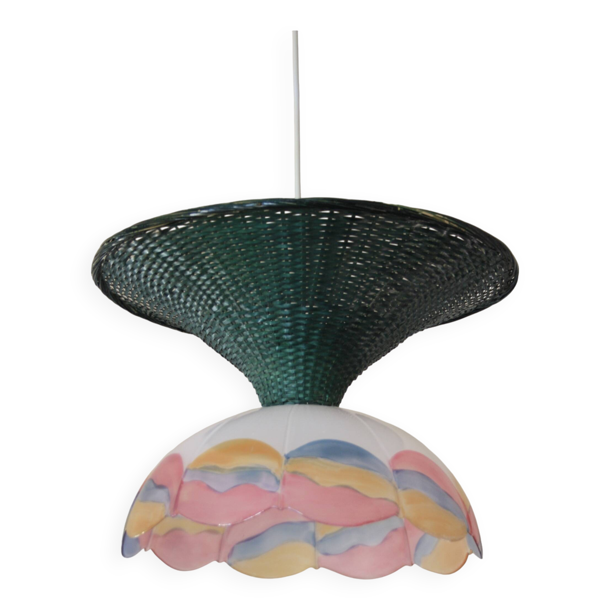 Suspension osier/rotin & verre vintage