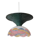 Suspension osier/rotin & verre vintage