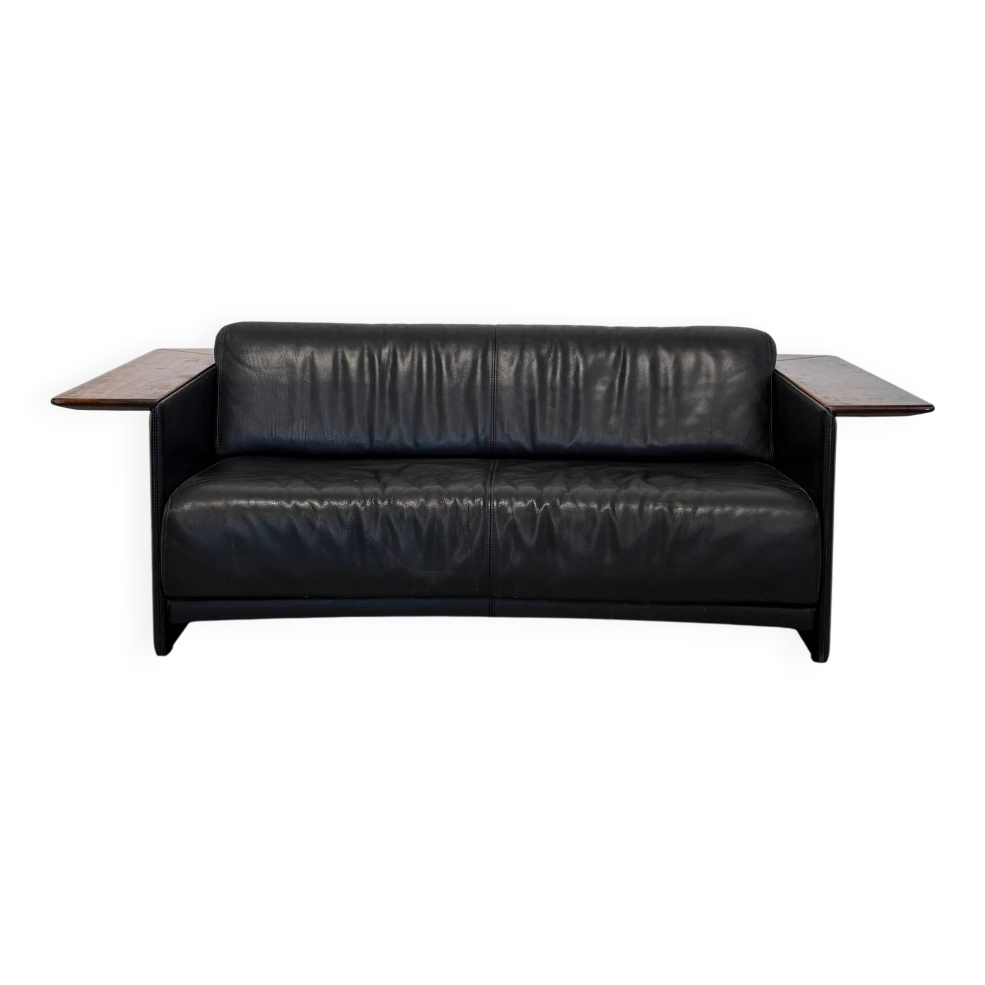 Vintage Black Leather Loveseat with Cantilevered Walnut Tray Arms