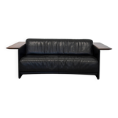 Vintage Black Leather Loveseat with Cantilevered Walnut Tray Arms