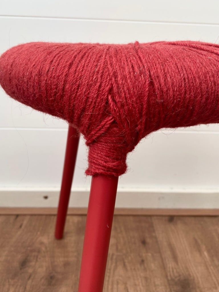 Ikea Red Metal and Wool Three pod Stool, Model Eskilstuna, 1990s