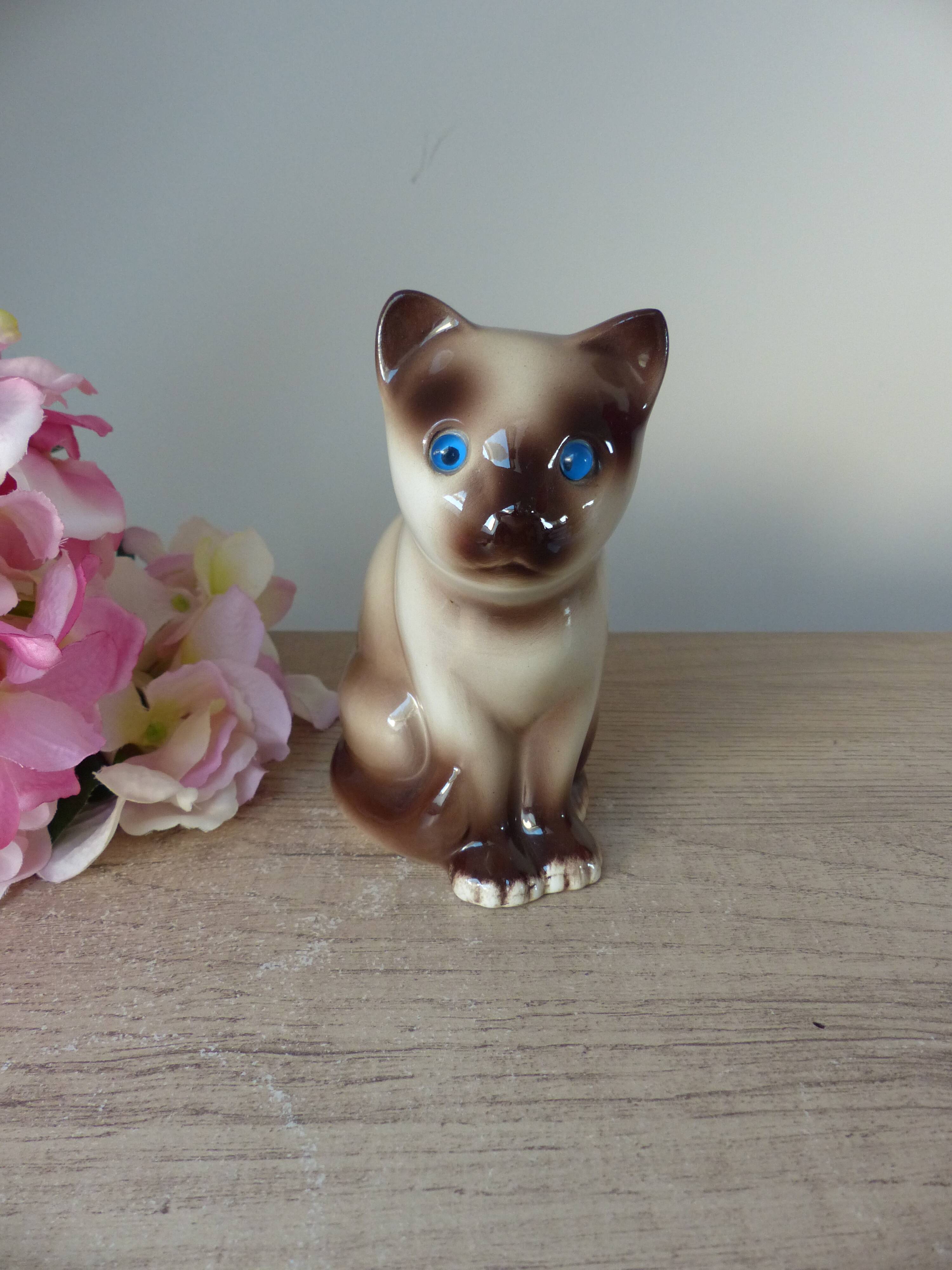 Vintage Siamese Brown Kitten Figurine with Blue Eyes Ceramic Elpa Alcobaca