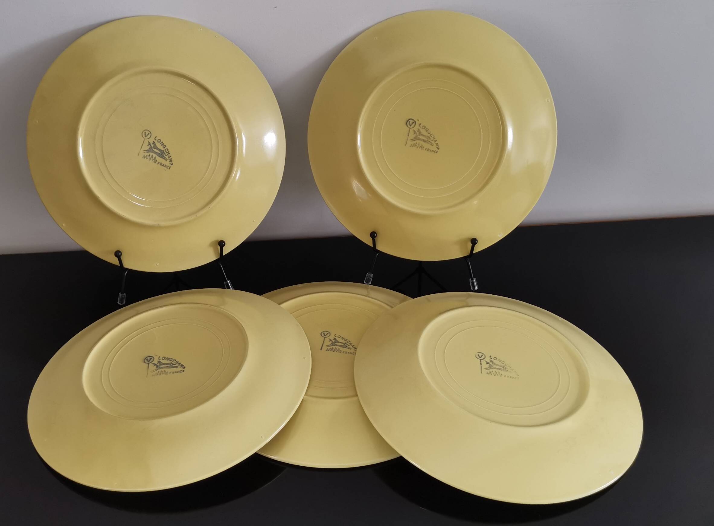 Set of 5 old Longchamp sunny yellow flat plates