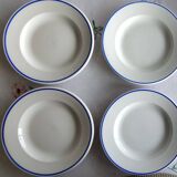 3 Pillivuyt white porcelain dinner plates with blue edging.