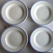 3 Pillivuyt white porcelain dinner plates with blue edging.