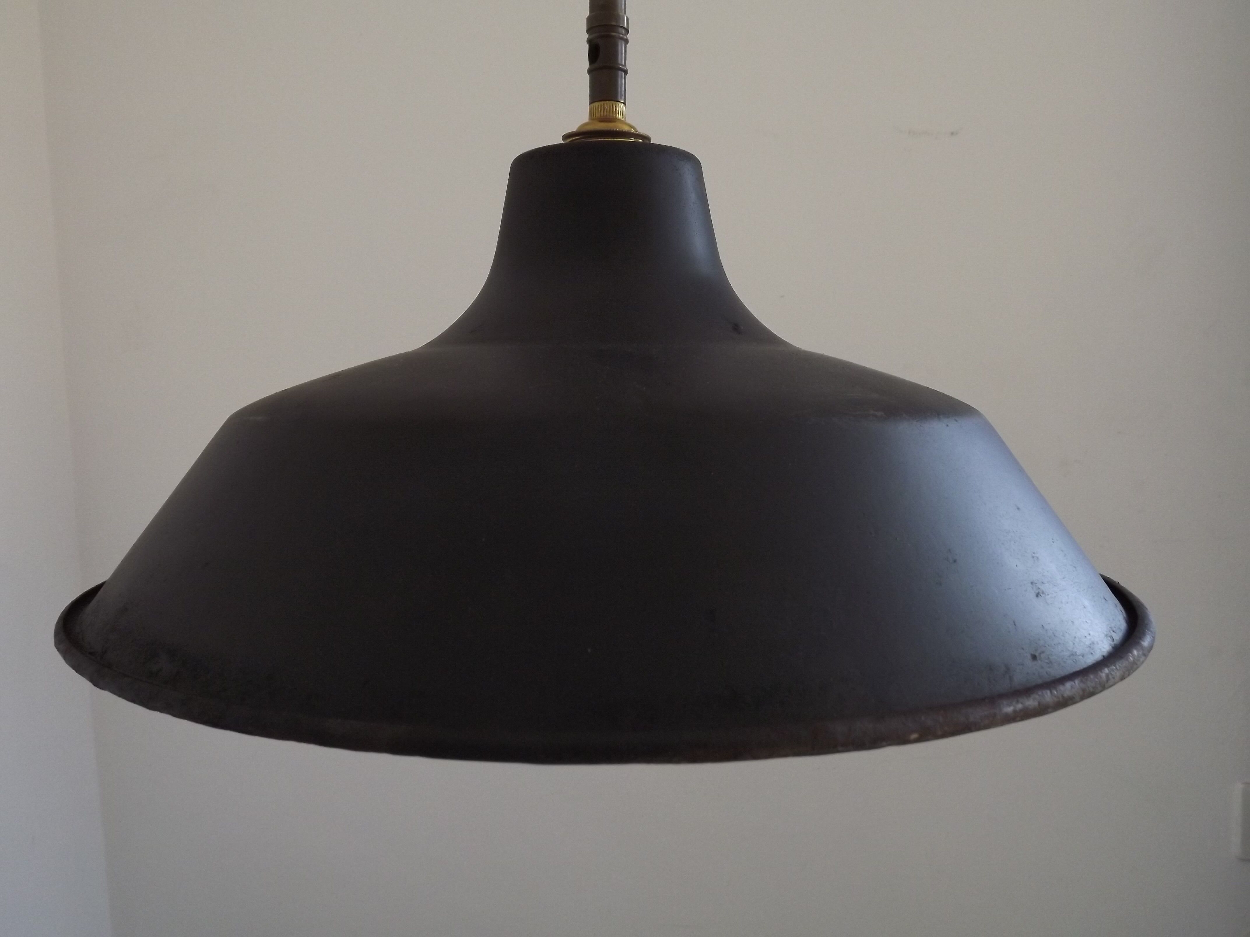 French Vintage 1950s Industrial Light In Black Metal White Enamal & Brass