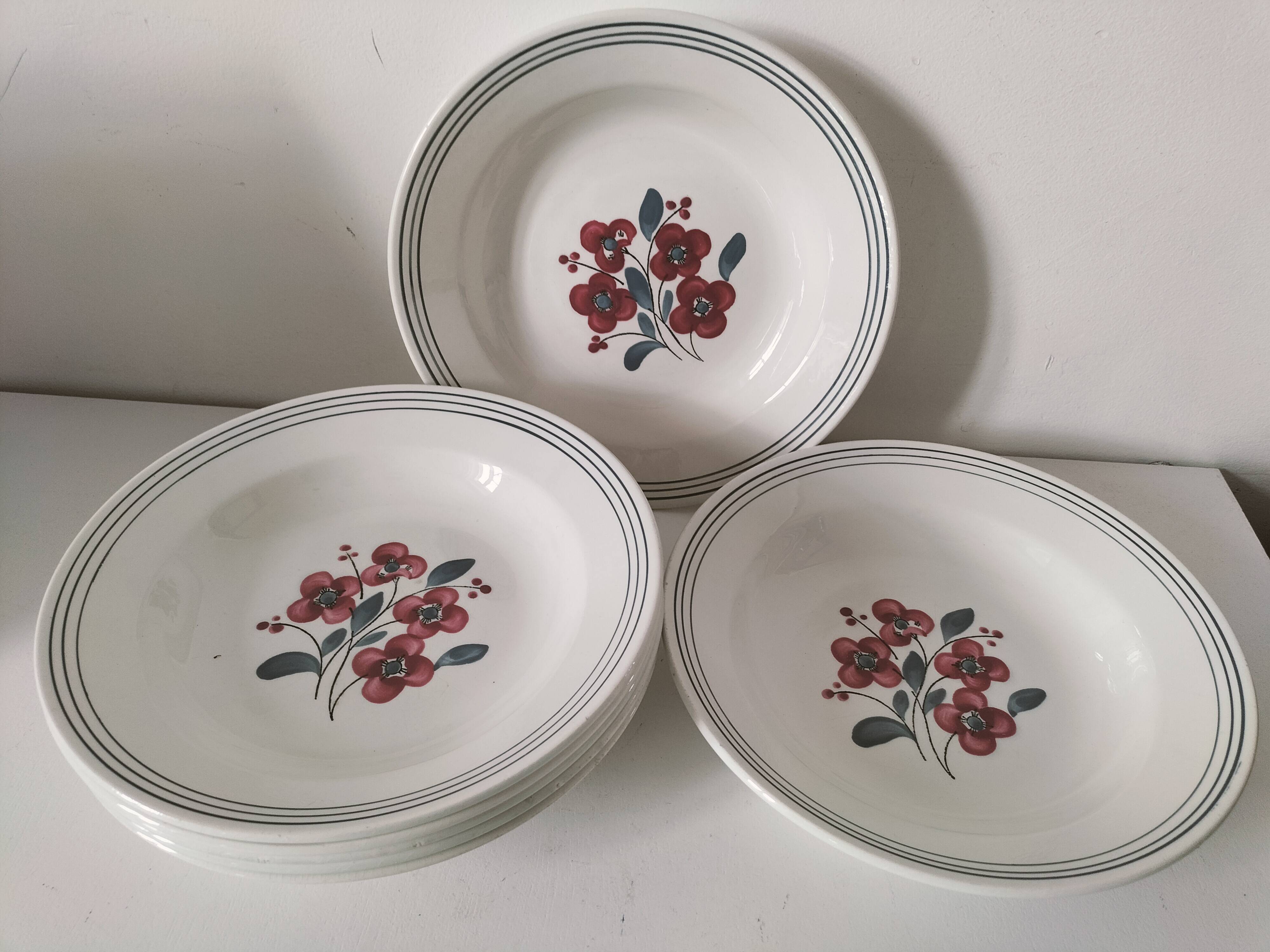 7 Salins Odile soup plates – raspberry flowers & blue border