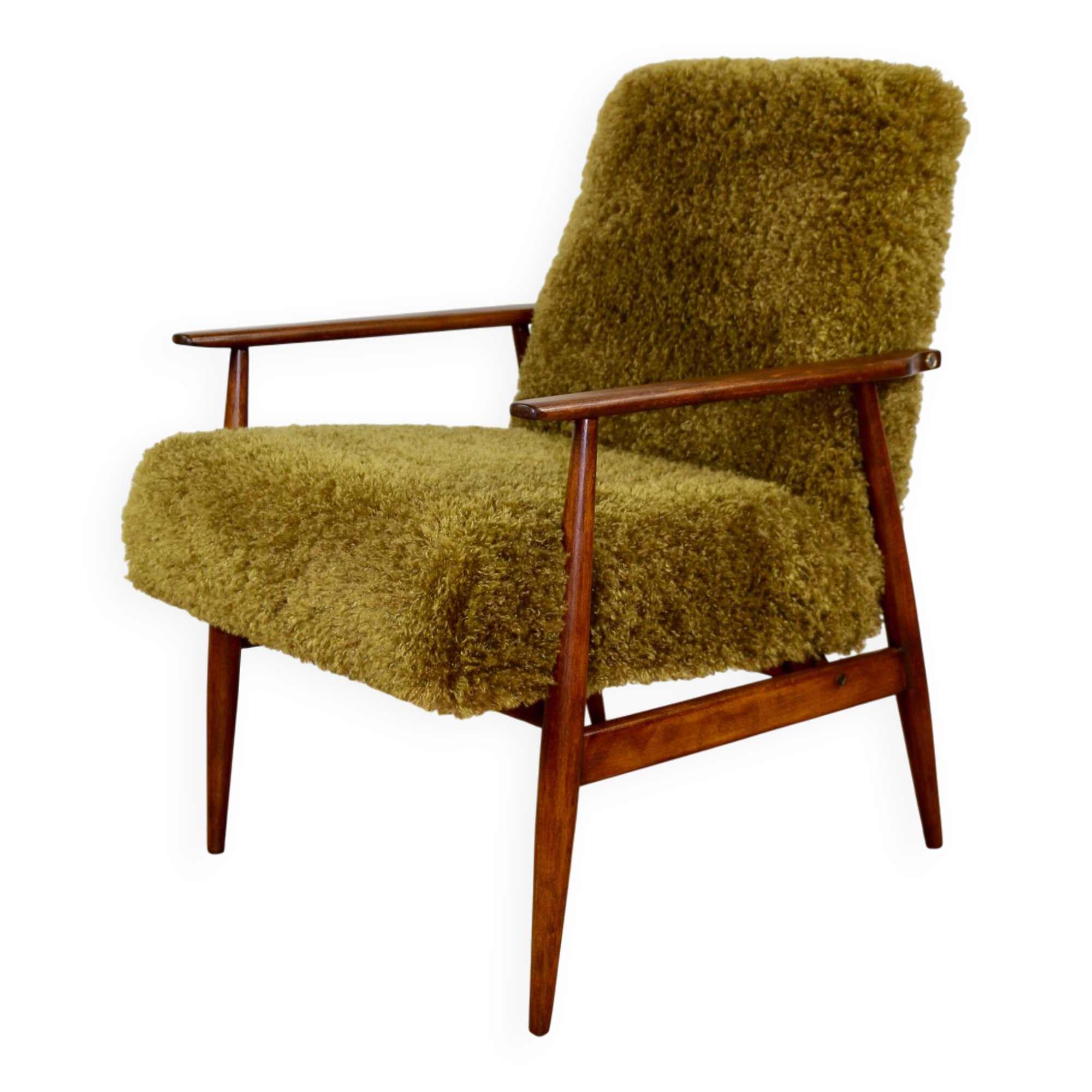 Armchair 'Lis', 1970s brown vintage khaki / olive long hair Rudy boucle design Henryk Lis - 2 pieces available