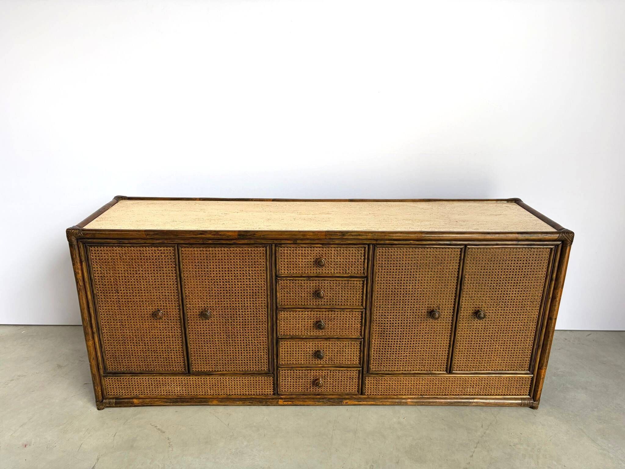 Vintage rattan and travertine sideboard, 1960s