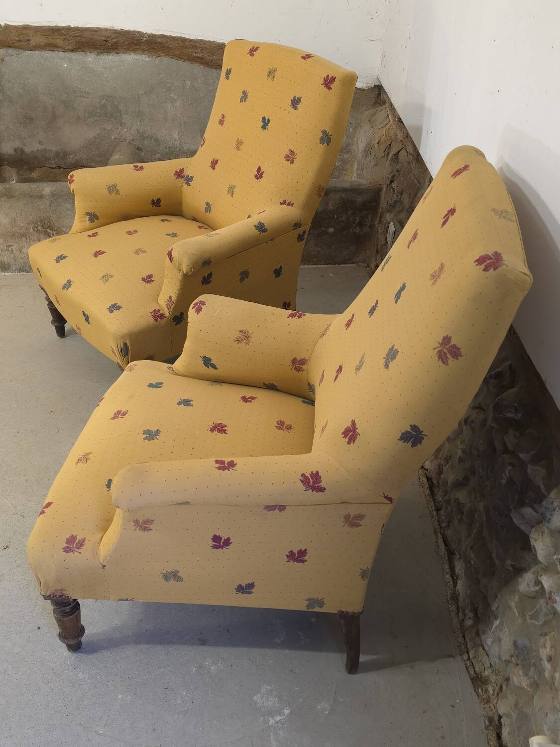 Pair of light mustard yellow English armchairs