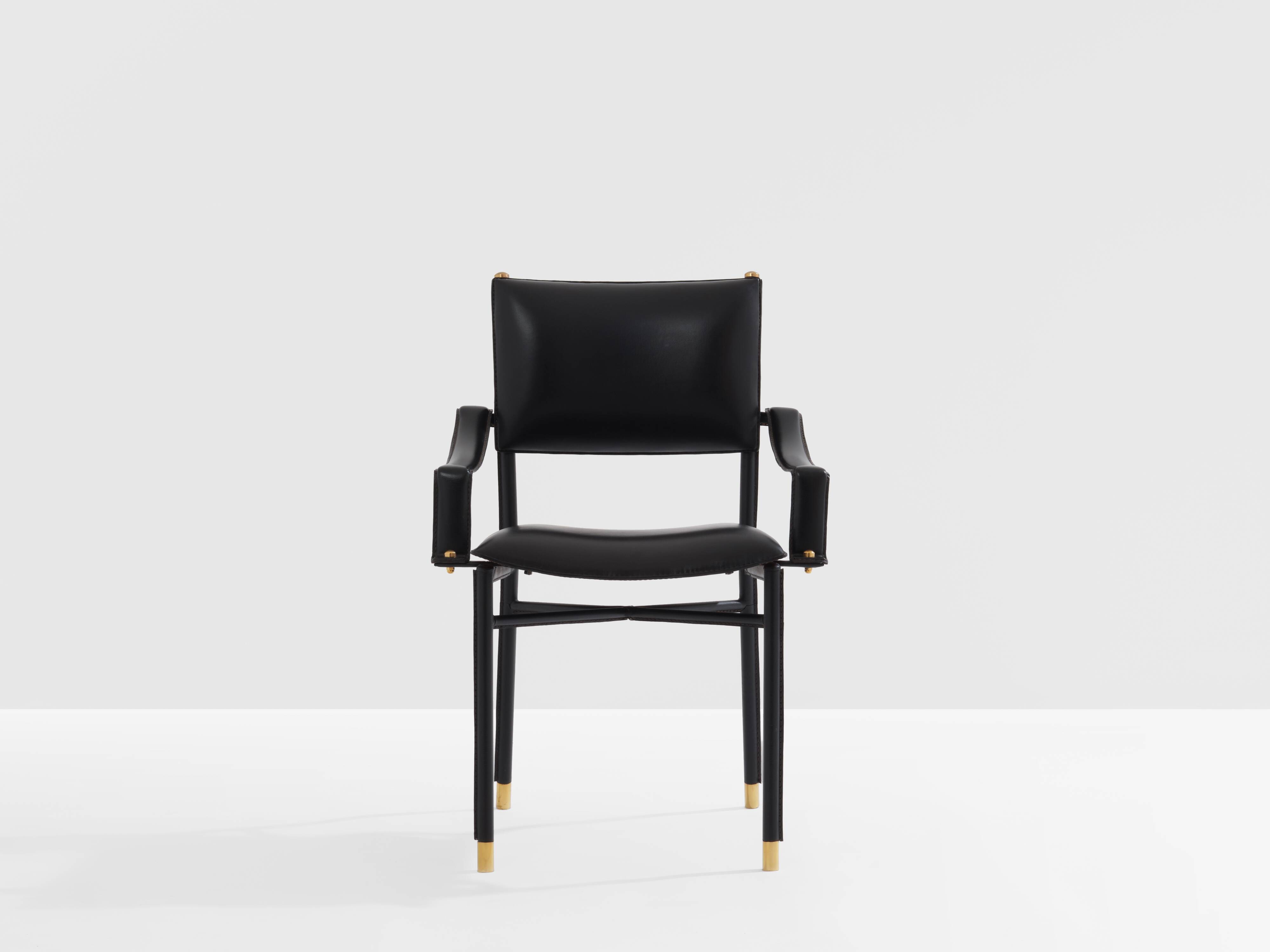 Jacques Adnet black leather brass office chair 1950