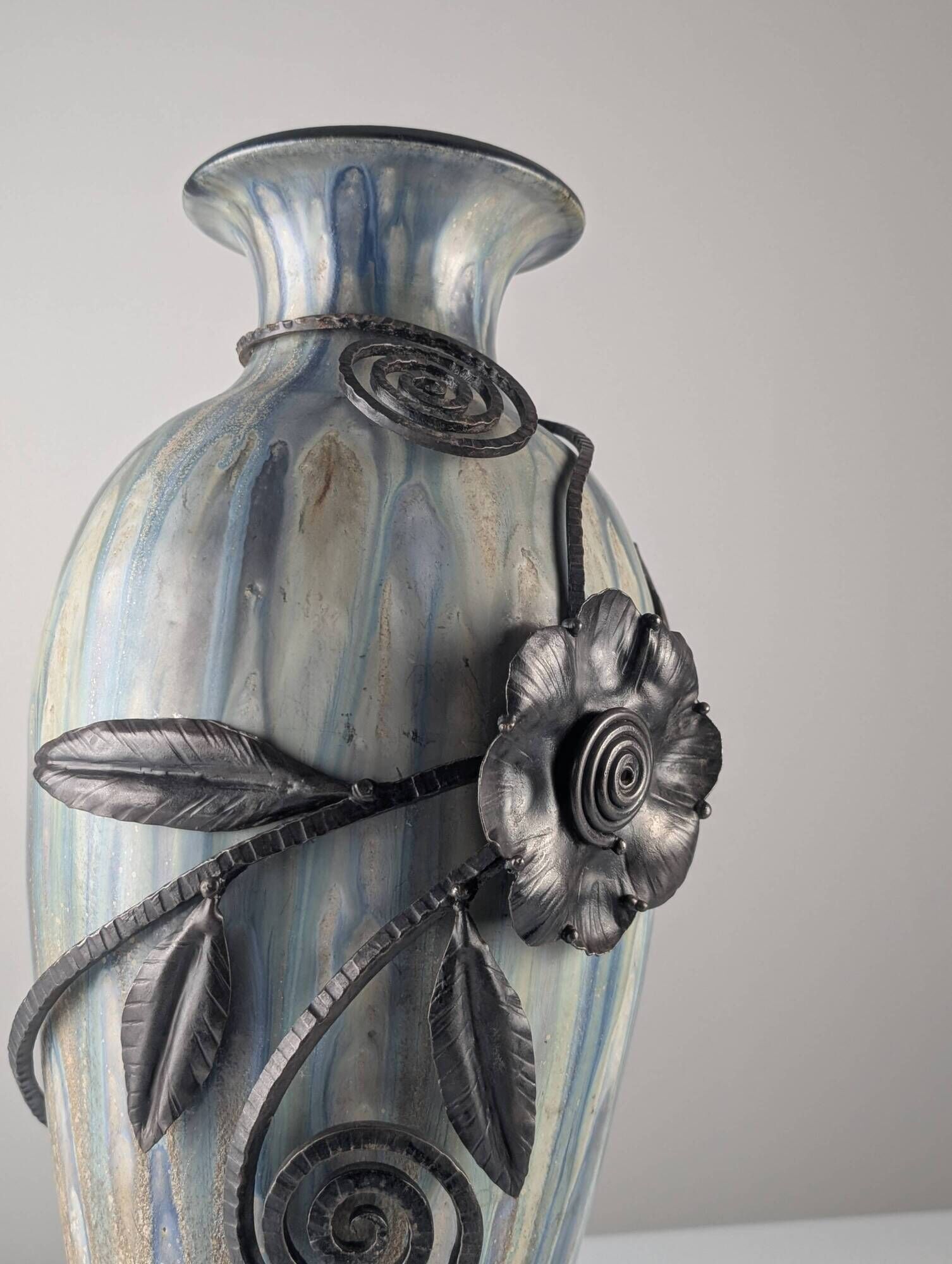 Roger Guérin Belgian Art Deco Stoneware & Wrought Iron Vase 1930s