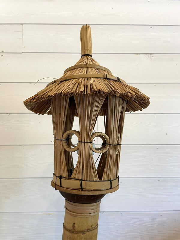 Paire de Lampadaires Lanternes style Tiki en Bambou & Rotin – Vintage