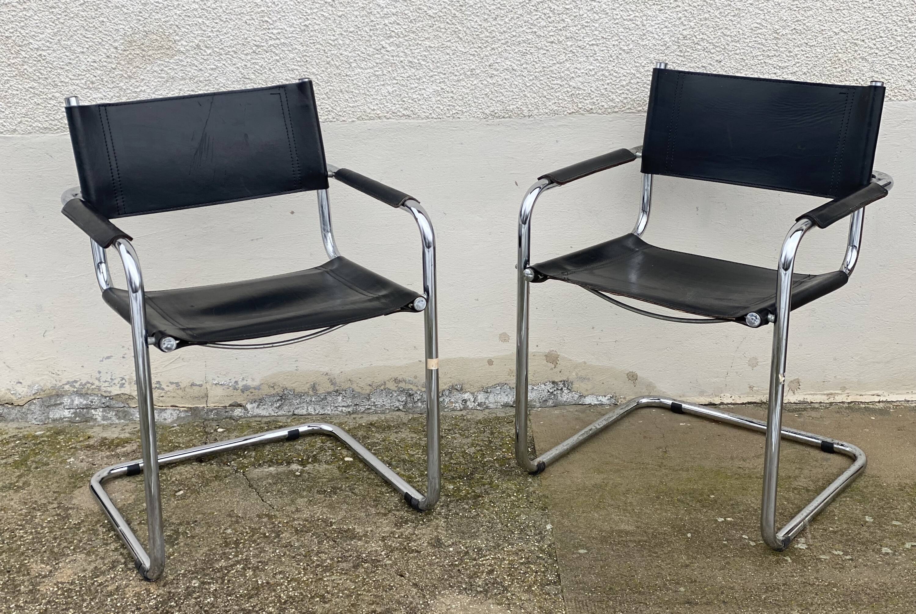 Pair of Bauhaus MG5 armchairs by Matteo Grassi, vintage 1970, chrome and leather.