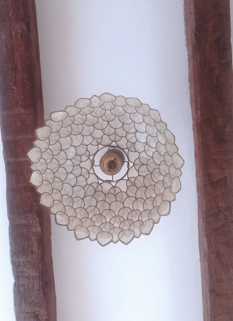 Large old chandelier in the shape of lotus flowers in mother-of-pearl and brass/ lotus flower ceiling light