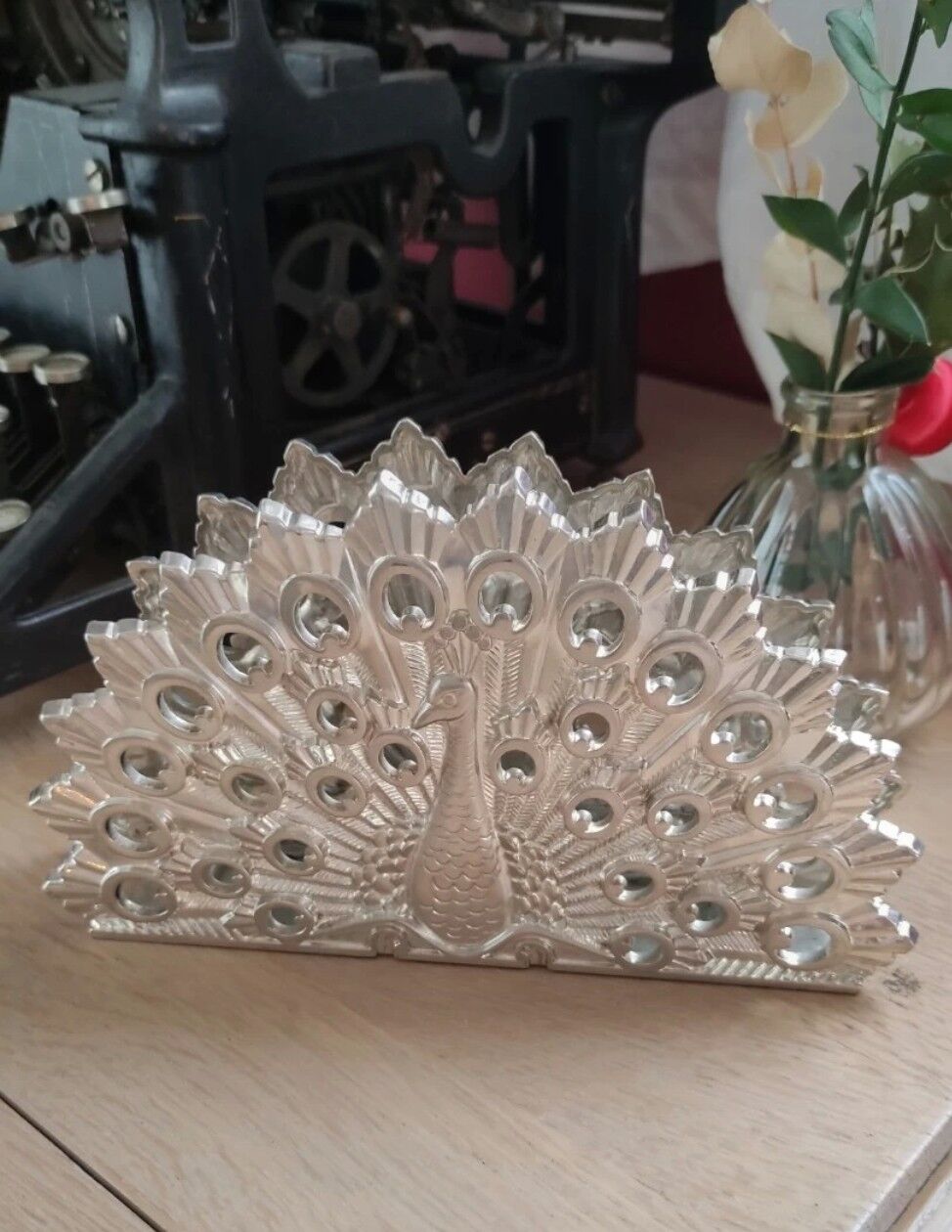 Vintage mail holder in silver metal peacock shape
