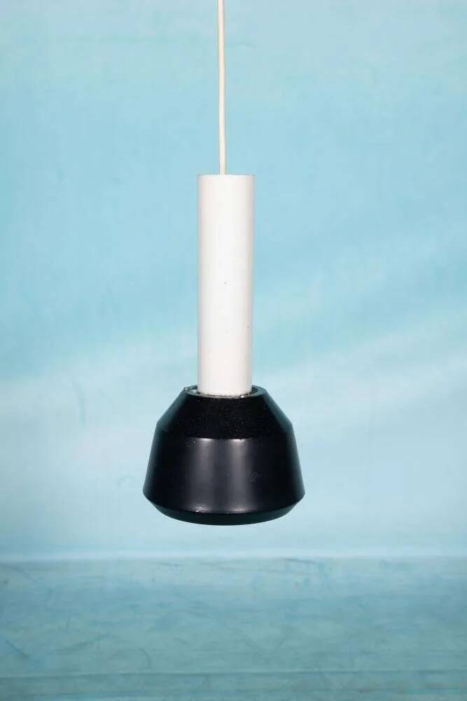 Vintage pendant light design, retro black and white ambient lamp.