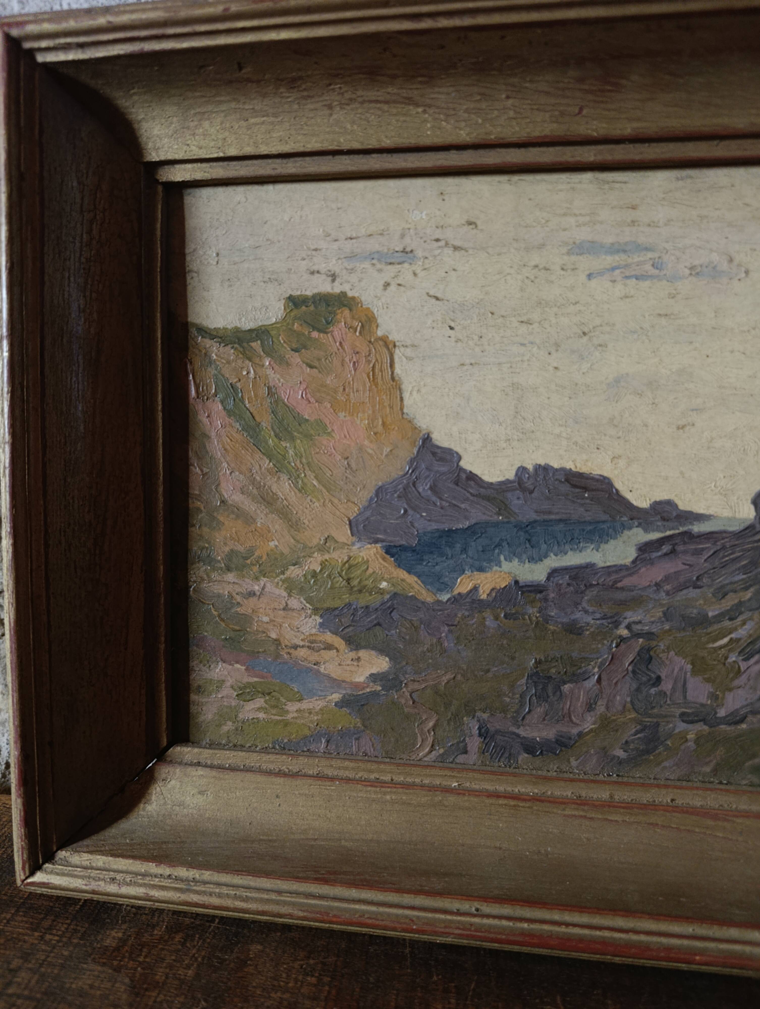 French vintage original oil painting on board, unsigned coastal mountain la