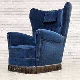 Années 1960, fauteuil relax danois à dossier haut, état d'origine, meuble en velours bleu.