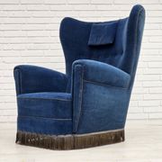 Années 1960, fauteuil relax danois à dossier haut, état d'origine, meuble en velours bleu.