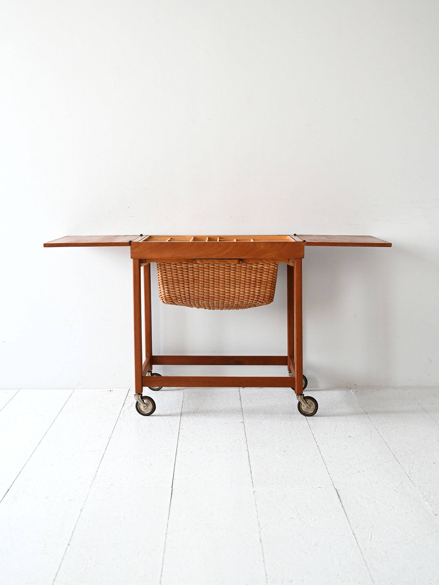 Vintage Scandinavian Sewing Table with Wheels and Basket