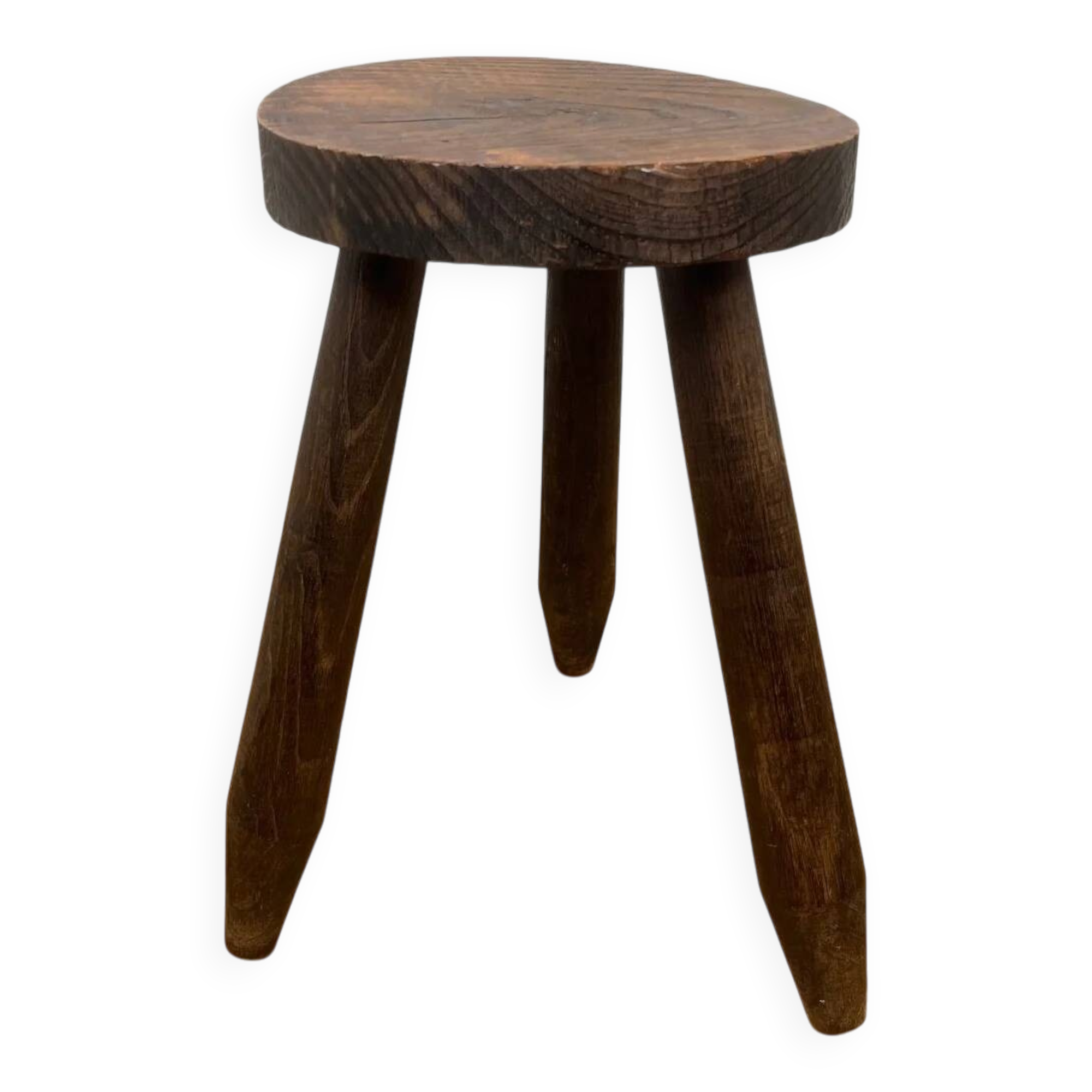 Petit tabouret tripode brutaliste en bois massif