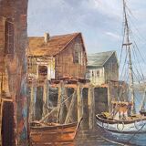 Peinture sur toile peinte à l'huile originale signée scènes de bateaux et de port du début du 20ème