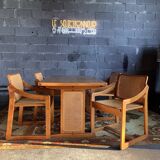 Scandinavian style table and 4 chairs set in teak, cane and oak - 70/80
