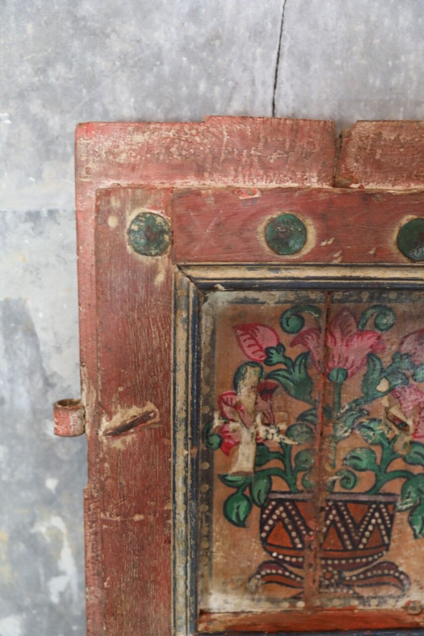 Indian door with 2-leaf floral motifs with 2 rings for wall mounting